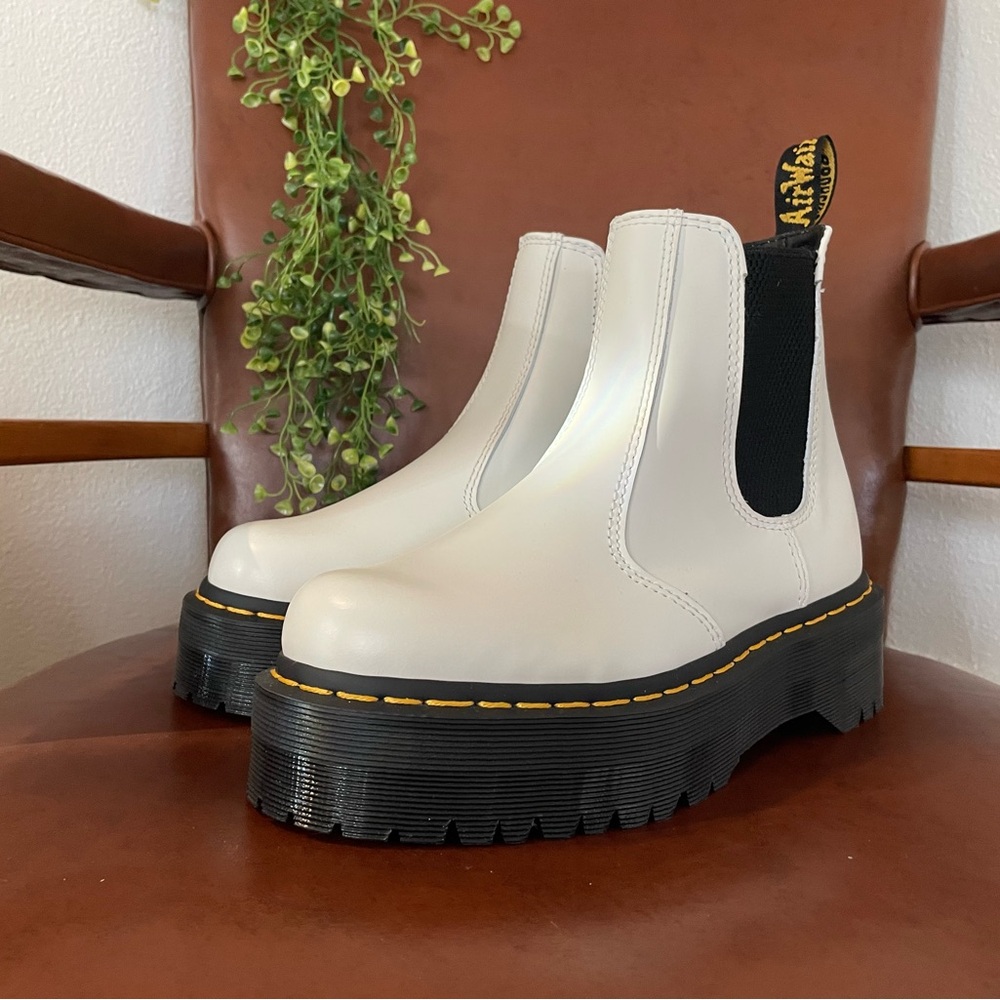 Dr. Martens White Ankle Boots with Chunky Sole and Elastic Side Panels